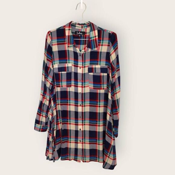 LULUS Womens Tunic Sz Medium Red‎ Blue Plaid Long Sleeve Flared Shirt Dress Prep - Picture 1 of 13